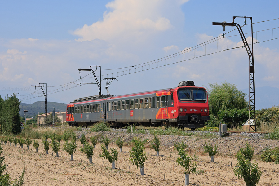 La Z 97384 pellicul&eacute;e Languedoc Roussillon va entrer en gare d'Ille-sur-T&ecirc;t, sur le TER 877656 Villefranche - Perpignan.