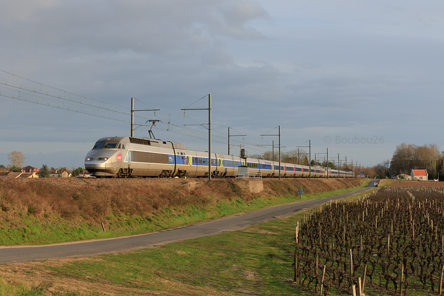 Cette UM de TGV Atlantique ne va pas tarder &agrave; arriver &agrave; Bordeaux, sur le TGV 8568 Toulouse-Matabiau - Paris-Montparnasse. Elle est vue &agrave; Barsac pr&egrave;s de Langon, dans le vignoble des Graves.