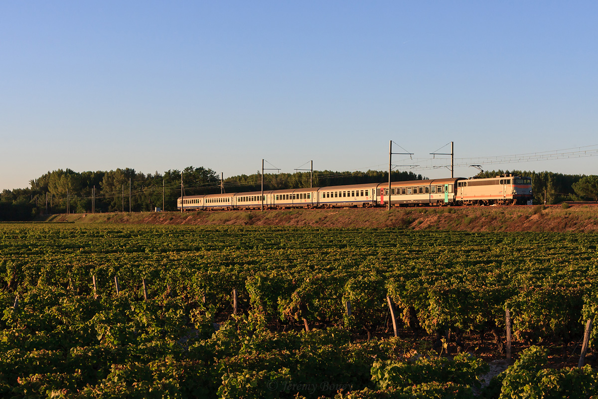 L'une des deux dernières BB 9300 en circulation, à savoir la BB 9319, est vue sur un TER Bordeaux - Agen du dimanche soir, dans les vignobles du Sauternais.