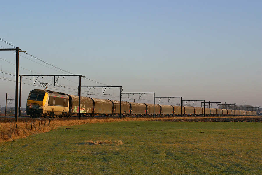 La HLE 1334 et un train complet de wagons bach&eacute;s sort du port d'Anvers. Ici de passage &agrave; Ekeren.