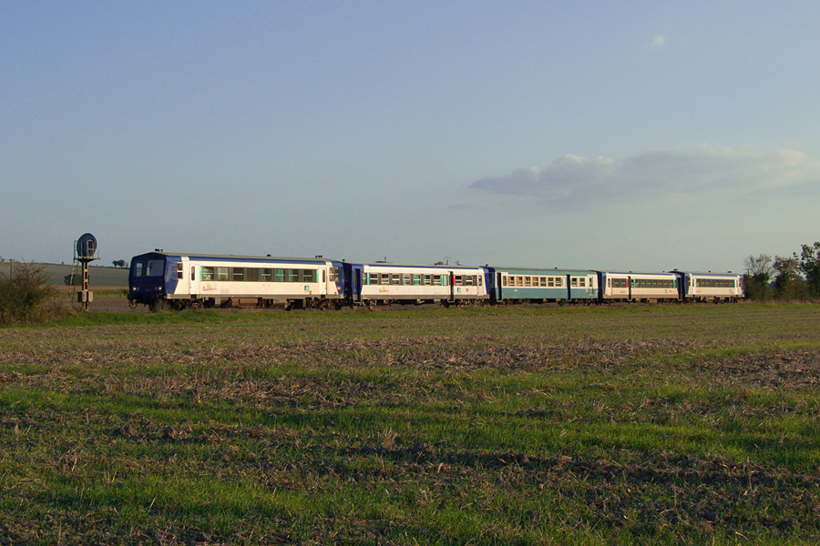 Les X 2212, XR 6252, XR 6077, XR 6236 et X 2231 formant une composition sym&eacute;trique par les livr&eacute;es assurent le TER 864208 Bordeaux St Jean - Saintes et passent peu avant la bifurcation de Beillant dans une belle lumi&egrave;re d&eacute;clinante de fin d'&eacute;t&eacute;.