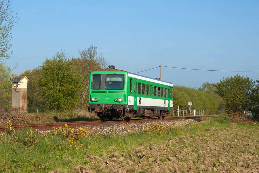 L'X 2137, en livr&eacute;e Vert Perroquet, passe au milieu des ajoncs, dans la campagne bretonne, peu avant Planco&euml;t au TER 854151 Dinan - St Brieuc.