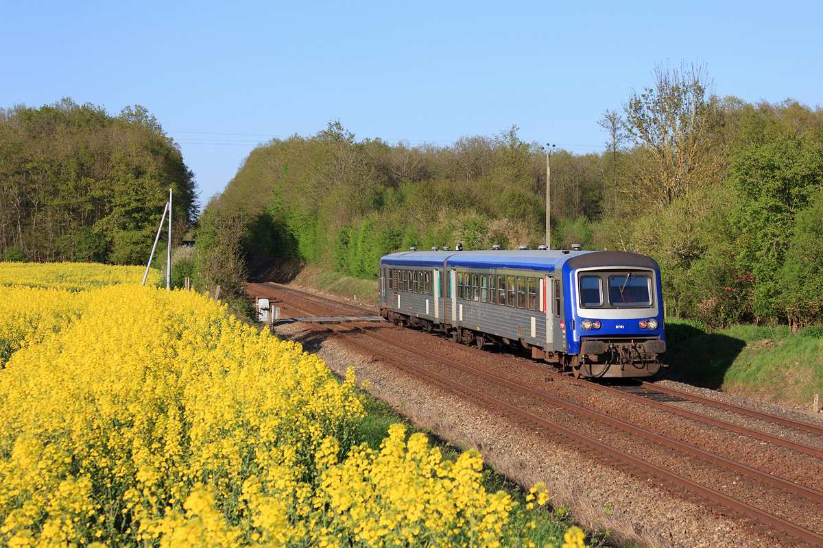 L' X 4791 s'apprête à marquer l'arrêt en gare de Tillières sur Avre, en charge du TER 853035 Dreux - Argentan. Il passe à côté d'un très beau champ de colza en fleur. Les X 4790 Bas-Normands vivent alors leurs derniers mois sur la ligne, avant radiation.