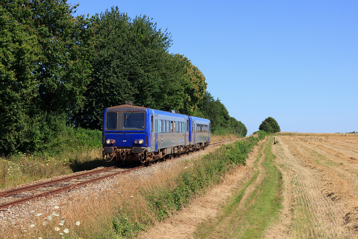 Les X 2137 et X 2141 en UM assurent le TER 854023 Châteaubriant - Rennes et passent à pleine vitesse entre Janzé et Corps Nuds.