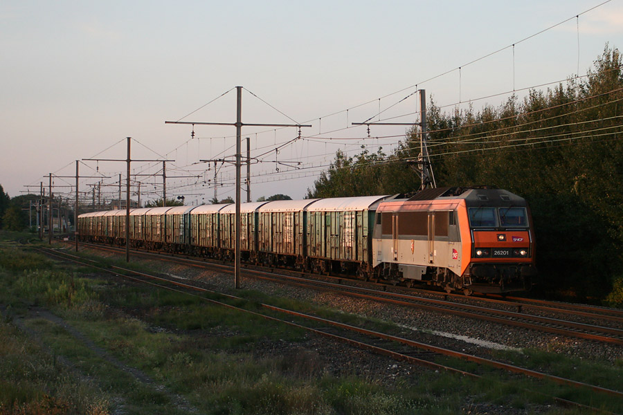 La 26201 remorque un des Baygon Vert au passage dans les installations de la gare de Livron, sur la ligne Imp&eacute;riale, en cette fin de journ&eacute;e d'&eacute;t&eacute;.