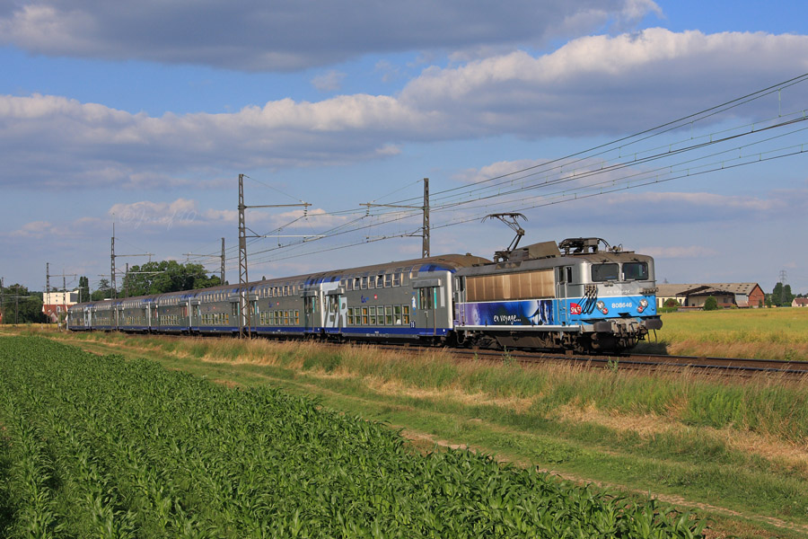 La BB 8646 tracte une VO2N sur une liaison Paris Montparnasse - Nogent-Le-Rotrou.