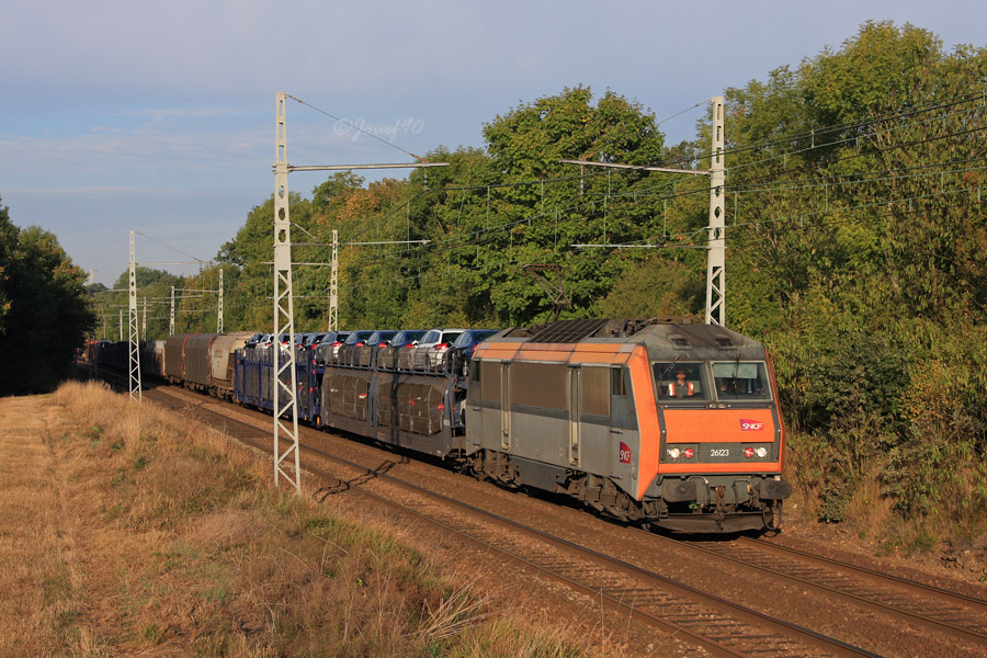 La BB 26123 assure un train de lotissement reliant Rennes &agrave; Villeneuve-St-Georges. Elle est vue peu avant la gare de Gazeran.