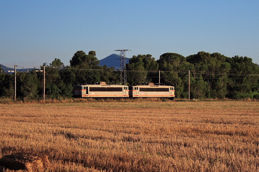 Par un beau soir d'&eacute;t&eacute;, les BB 25661 et 25665 en UM passent ici au Cannet-des-Maures, assurant le train de machines 385011 Marseille-Blancarde - Nice-St-Roch.