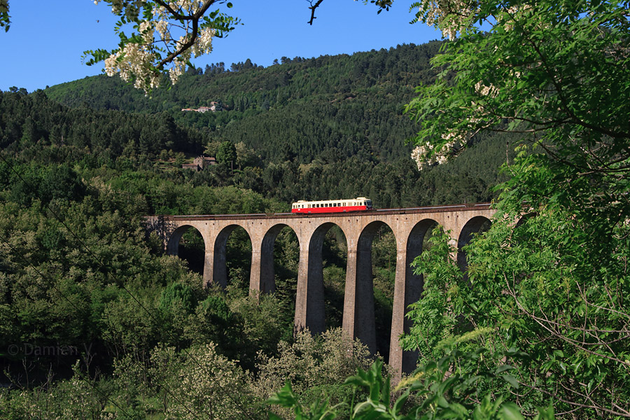 Le X 2403 franchit l'imposant viaduc en courbe de Chamborigaud, dont on ne voit ici que la partie Nord. L'autorail monte d'Al&egrave;s &agrave; La Bastide, dans le cadre d'un photo-train organis&eacute; sur la ligne des C&eacute;vennes.