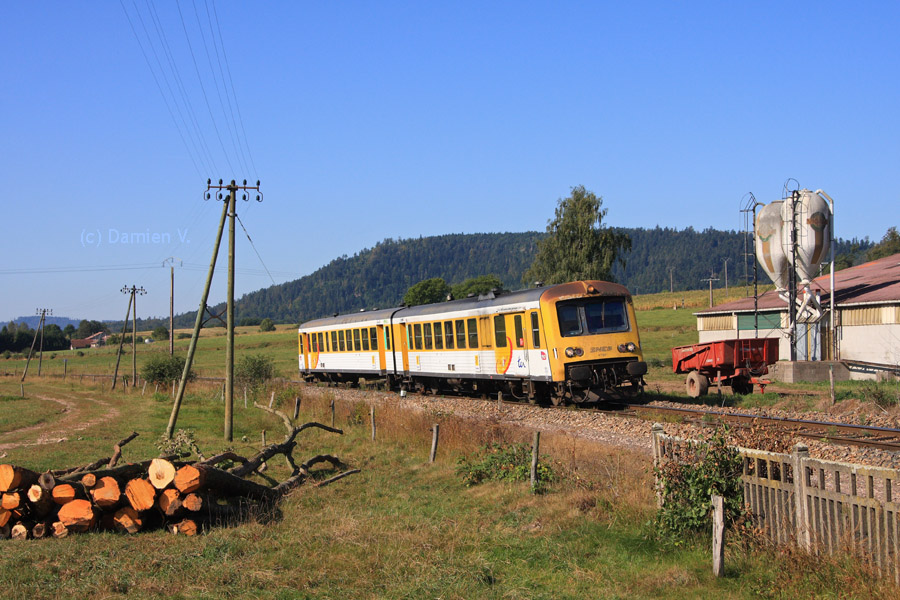C&ocirc;toyant installations fermi&egrave;res, troncs d'arbres et ligne t&eacute;l&eacute;graphique encore intacte, le X 4798 "M&eacute;trolor" ralentit pour marquer l'arr&ecirc;t dans la halte de Biffontaine.