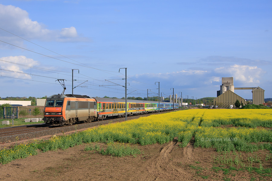 Men&eacute; par la BB 26026, le T&eacute;oz 5982 reliant Clermont-Ferrand &agrave; la Capitale est vu au pied du silo de Varennes-sur-Allier.