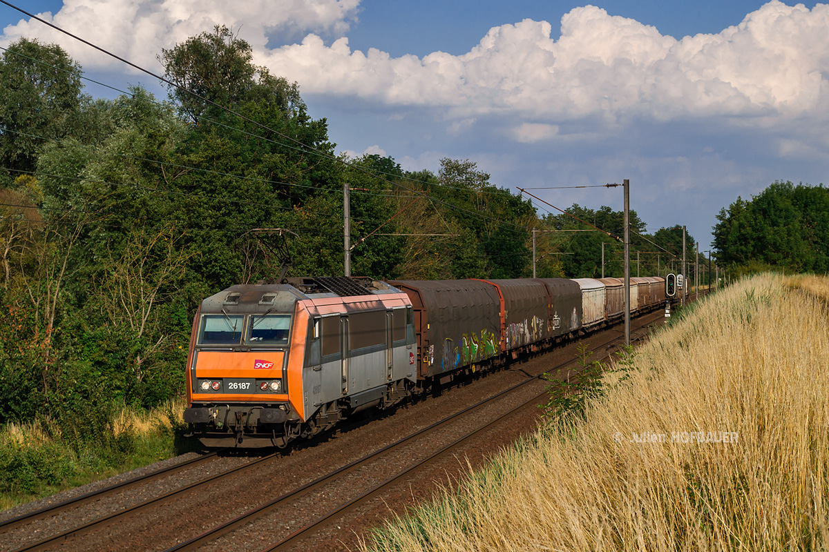 La BB 26187, en livrée béton, assure la traction d'un court train de fret. Elle est de passage à Steinbourg dans le Bas-Rhin