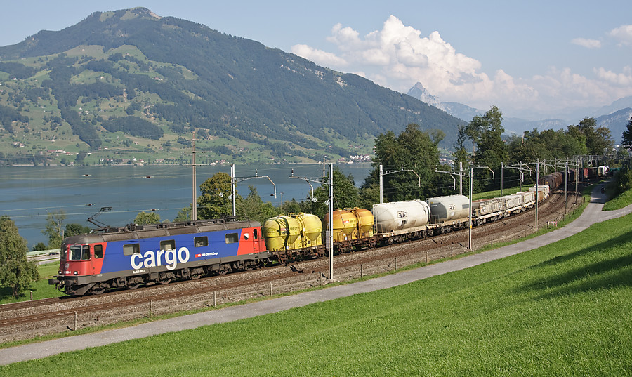 Un fret de sens sud-nord passe &agrave; contre-voie le long du lac de Zoug (Zugersee), peu avant la gare d'Immensee