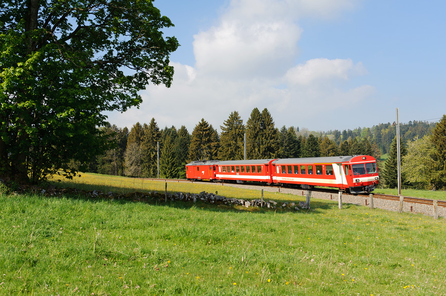 Ces deux caisses sont pouss&eacute;es par le De 4/4 II N&deg; 411, et assurent le Regio 231 La Chaux-de-Fonds - Glovelier. Il est vu ici &agrave; La Cibourg.