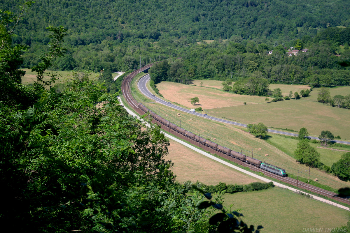 Une 36300 de chez SFI (SNCF Fret Italia) est vue en tête d'un train de citernes pour l'Italie, dans la courbe de Monferrand dans le Bugey.