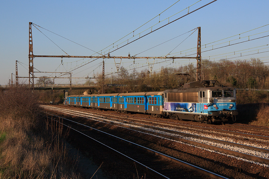 Une composition 4 caisses de RIO Centre est tractée par la BB 8588, qui s'apprête à marquer l'arrêt en gare de Rambouillet, sur son TER pour Chartres.