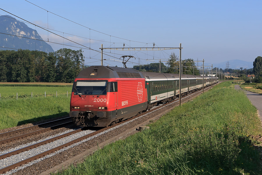 La Re 460 085-4 passe à Yvorne et s'apprête à desservir Aigle sur un IR Genève - Brig.