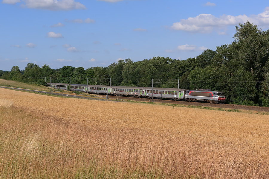 Par une belle soir&eacute;e d'&eacute;t&eacute;, la BB 15032 est vue en t&ecirc;te de de l'InterCit&eacute;s 3351 reliant Paris-St-Lazare &agrave; Caen.
