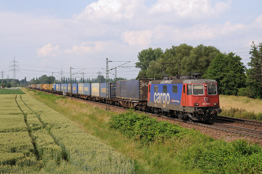 Une Re421 CFF Cargo à Ettlingen, en tête d'un train de conteneurs se dirigeant vers Basel.