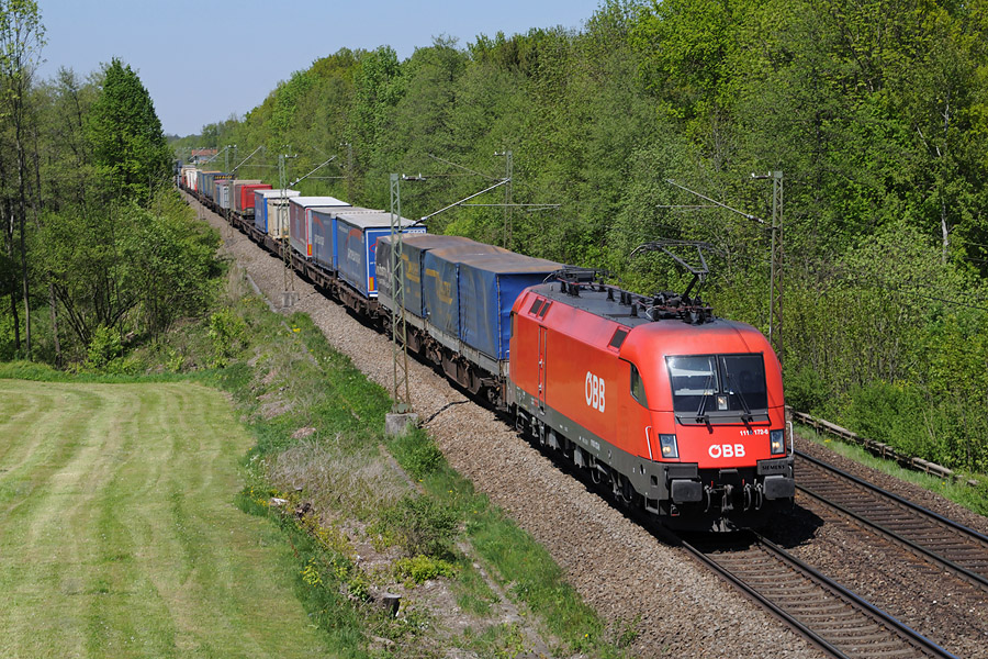 La 1116 172-6 &agrave; Vogl, en t&ecirc;te d'un train du transport combin&eacute;, se dirigeant vers l'Autriche.