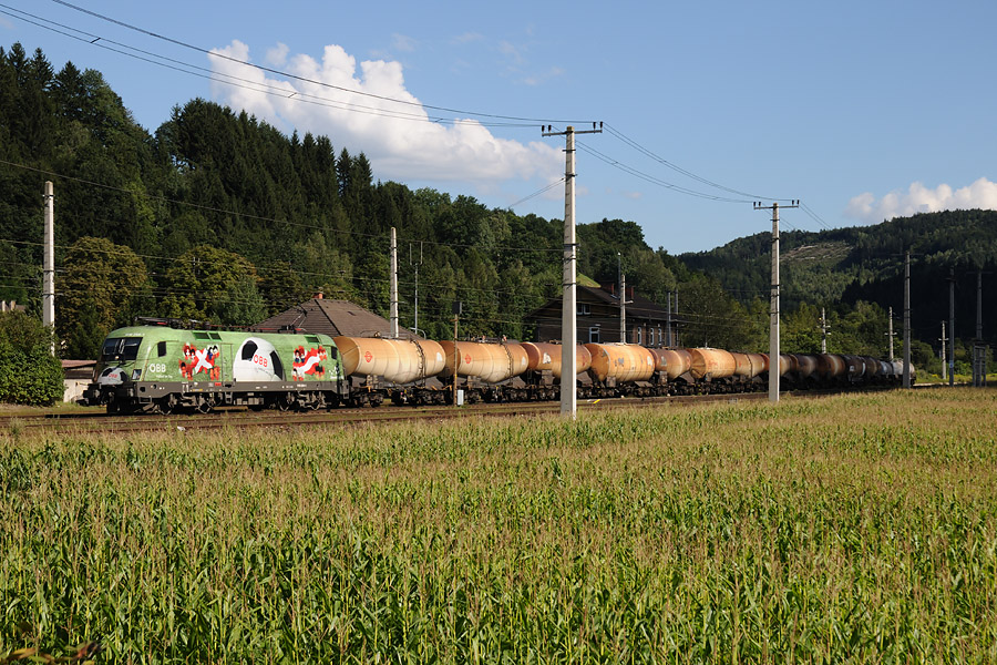 Passage &agrave; Gummern, au nord de Villach, sur la ligne vers Salzburg, de la Taurus 1116 264-1 "EuroMotion", remontant avec un train de fret vers le Nord.