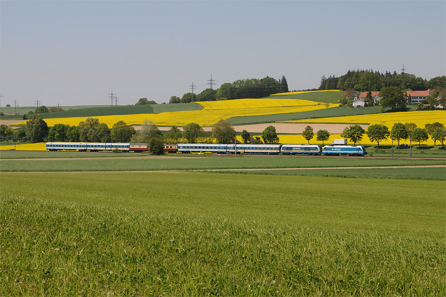 Passage &agrave; Marzling du train ALX 86008 M&uuml;nchen Hbf - Schwandorf, BR 183 Arriva en t&ecirc;te, avec une ER20 en v&eacute;hicule. L'ER20 officie au nord de Schwandorf.