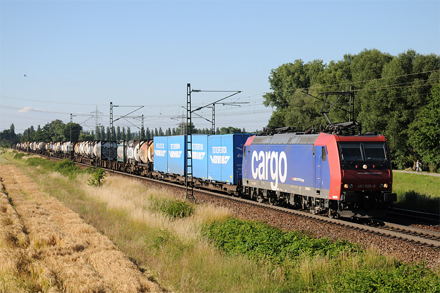 Sous une grosse lumière de fin de journée, la Re 482 029-6 au passage à Ettlingen, en direction de Basel.