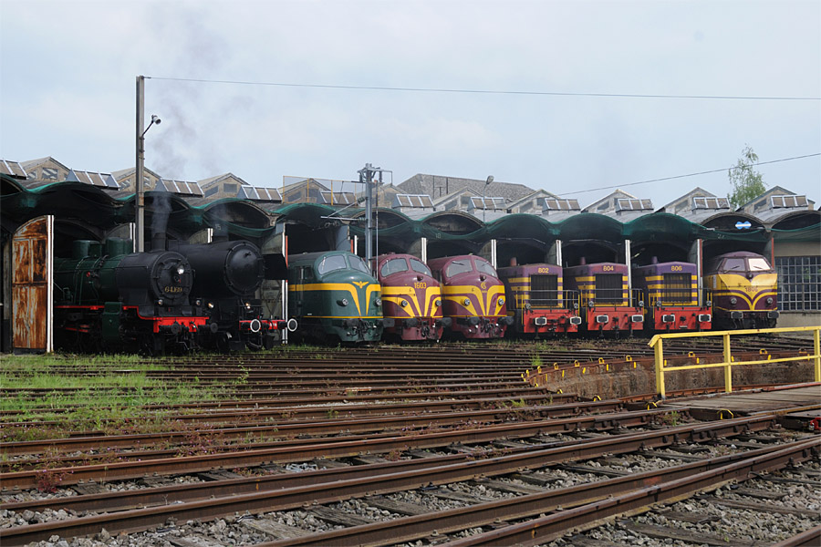 Sous la rotonde du dépot de Luxembourg-Ville, à l'occasion de la commémoration des 150 ans des chemins de fer luxembourgeois, stationnent de gauche à droite : 64.169 du PFT, la 5519 ex CFL, la 202020 du PFT (ex CFL 1602), 1603 ex CFL du PFT, la 1604 ex CFL, les 802, 804 et 806 des CFL, ainsi que la 1806 de CFL cargo.