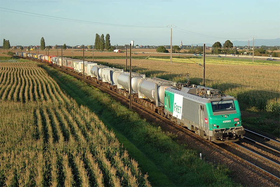 Le train 40367 Bettembourg - Basel &agrave; Matzenheim, en plaine d'Alsace, BB 37001 de l'EMT de Thionville en t&ecirc;te.