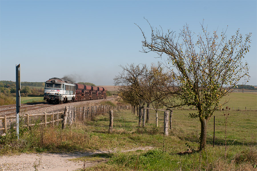 Passage &agrave; cot&eacute; d'un verger de mirabelliers du train 451021 Mirecourt (15h25) - Culmont-Chalindrey (17h35), &agrave; Neuveville-sous-Montfort.