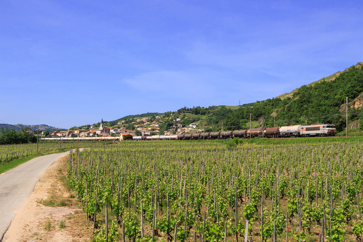 La BB 7380 est vue en tête d'un Woippy - Miramas. Le train circule sur la rive gauche du Rhône et passe à travers les vignobles de Gervans.