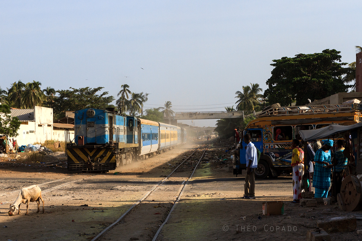 Le Petit Train Bleu / de Banlieue qui relie Dakar à Rufisque (29km) via Thiaroye (km15). Le service est basé sur le flux de travailleurs allant sur Dakar le matin et repartant sur la banlieue le soir, il n'y a pas de circulations en milieu de journée et très peu en contre pointe (en fait il s'agit de "W commerciaux" pour réassurer des trains dans le sens de la pointe vu le faible nombre de rames disponibles). Ambiance Sénégalaise typique entre le sable, le bus Dakarois et la chèvre érante pour le train 320 Thiaroye - Dakar franchissant une route principale sur-fréquentée (sisi !) et roulant sur une voie à l'état douteux. Si tout va bien dans 2 ou 3 ans le matériel de réemploi racheté à l'Inde et la double voie métrique seront remplacés par du Régiolis sur une double voie normale électrifiée en 25kv + voie banalisée métrique (pour le Fret) pour des dessertes cadencées entre le centre ville de Dakar et le nouvel aéroport (40km) en desservant toute la banlieue Dakaroise, la fin d'une ambiance et d'une époque.