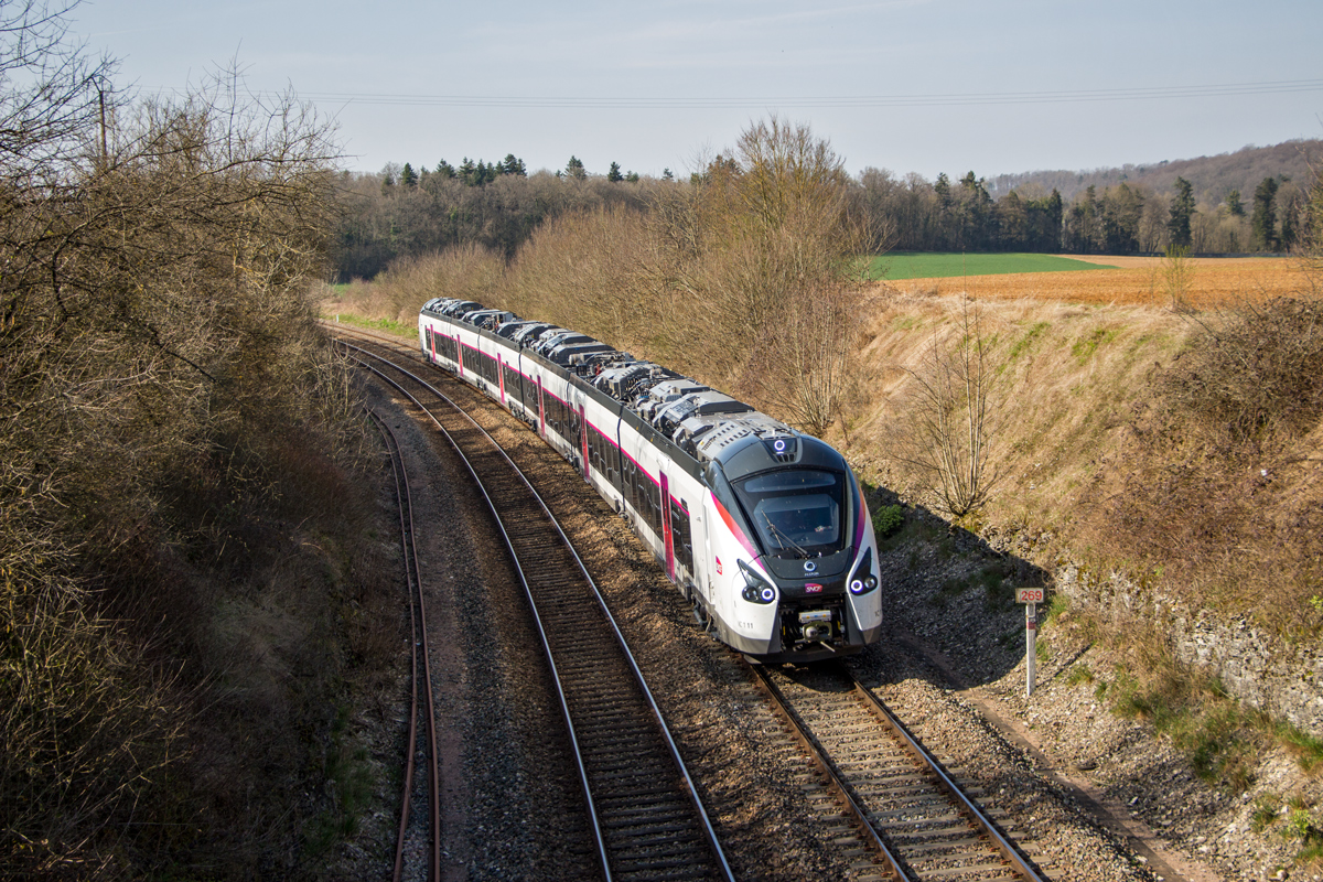 Une nouvelle rame Coradia Liner (B 85021/22) passe entre Chaumont et Luzy-sur-Marne.