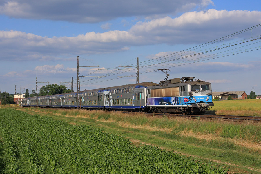 La BB 8646 tracte une VO2N sur une liaison Paris Montparnasse - Nogent-Le-Rotrou.