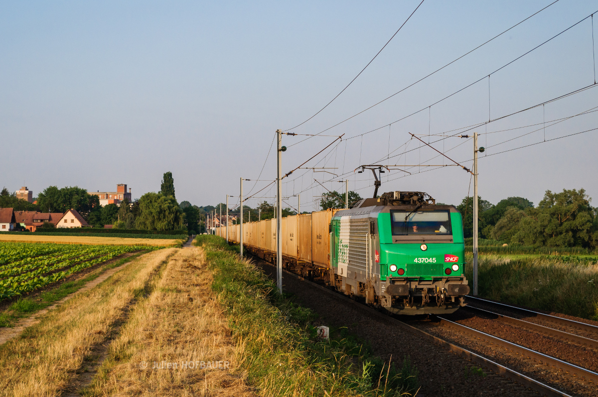 De passage à Hochfelden, la BB 37045 emmène ce train de boîtes bien uniforme vers Châlons-en-Champagne.