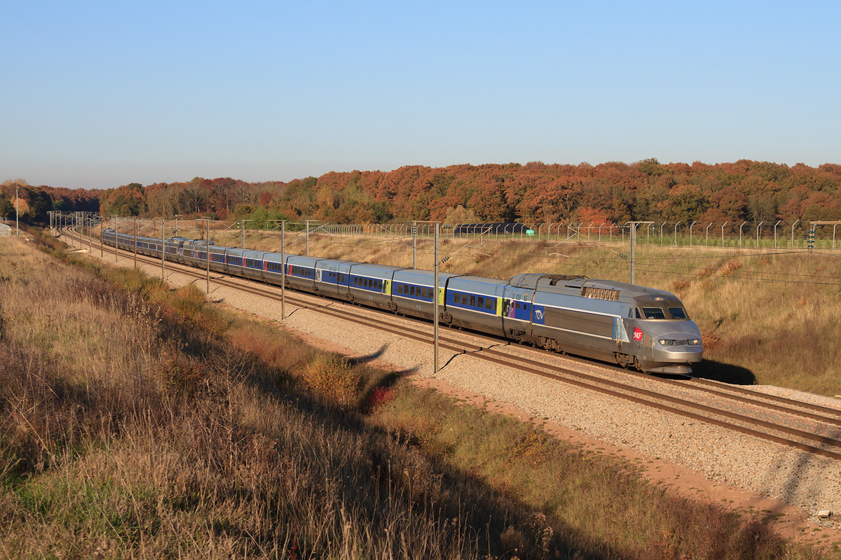Une UM de TGV Atlantique assure un TGV Paris-MP - Toulouse, et passe dans les Yvelines, alors que les arbres ont revêtis leur belle couleur d'automne.